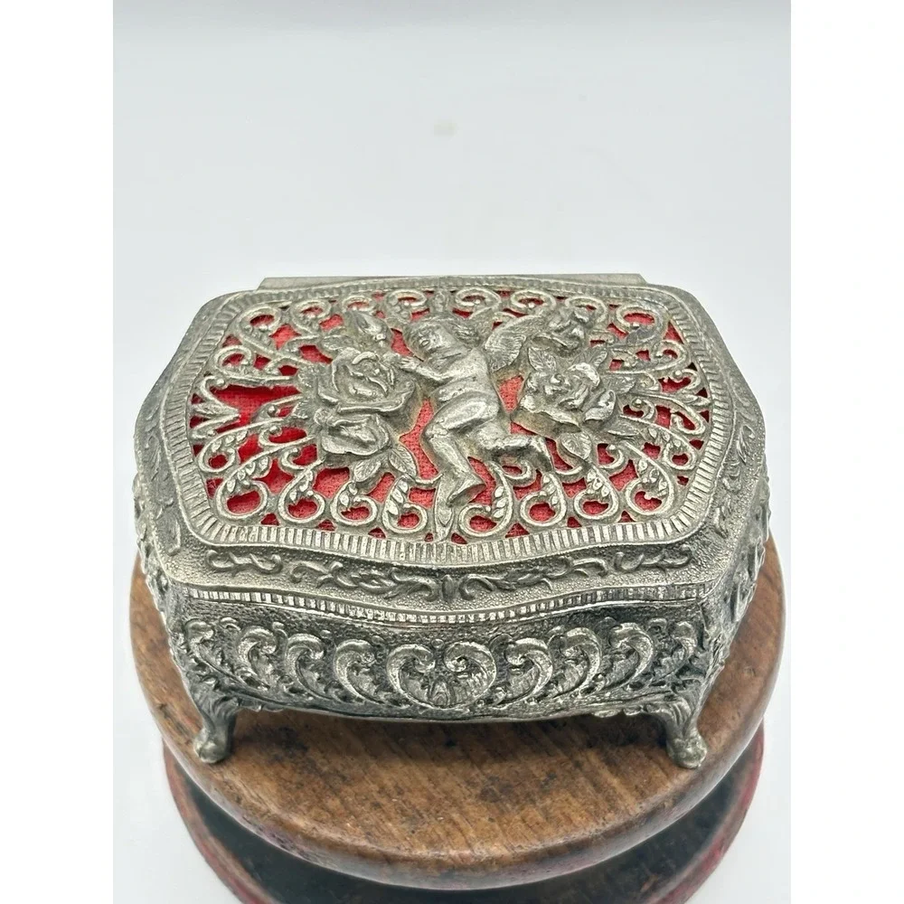Vintage Filagree Footed Jewelry Box Casket Ornate Angel Red Velvet Lining Japan